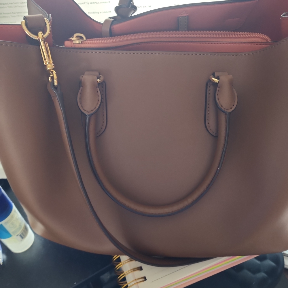 Ralph Lauren Structured Brown Tote Bag with Red Interior